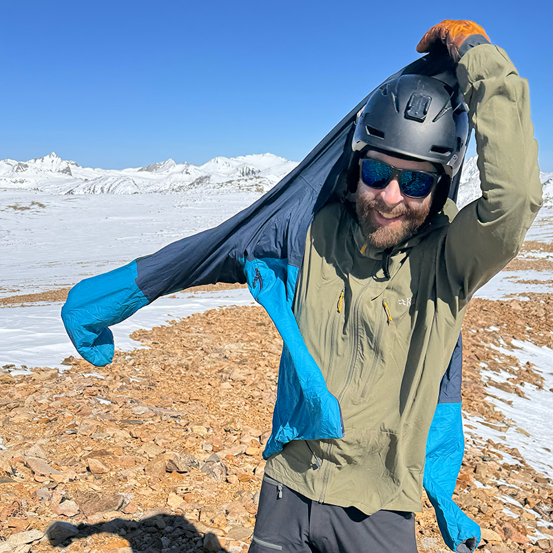 John Munson demonstrates a softshell layering system for backcountry skiing