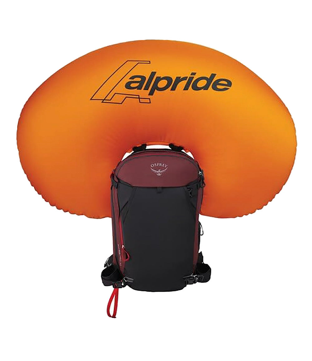 The Osprey Sopris Pro 30 airbag is pictured with its airbag ballon deployed.