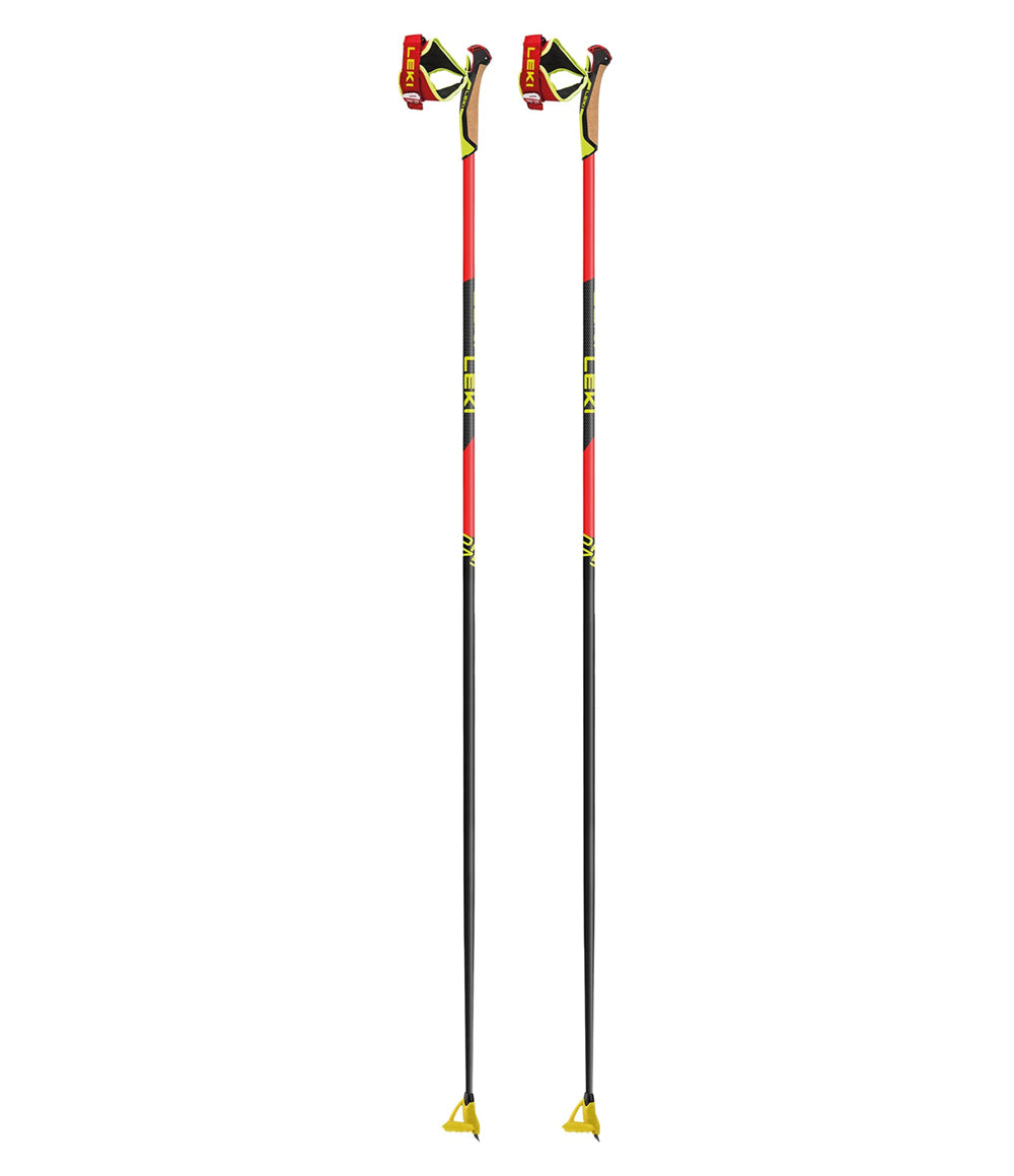 Pair of Leki PRC 750 carbon fiber cross-country ski poles with red, yellow, and black shafts, Nordic Shark grips with Shark Frame Straps, and yellow Fin Vario baskets with carbide tips